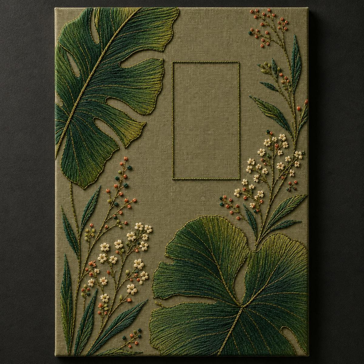 Giant Leaf Shadow finished design flatlay for the digital hand embroidery pattern and stitch guide