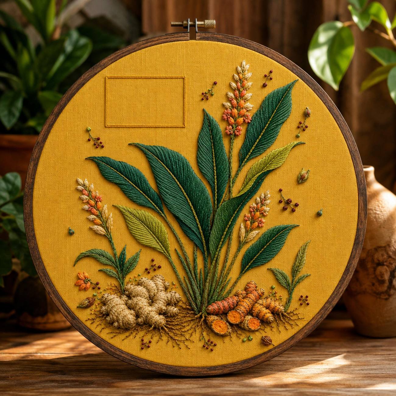 Ginger Turmeric Root Garden finished hoop hero for the digital hand embroidery pattern and stitch guide
