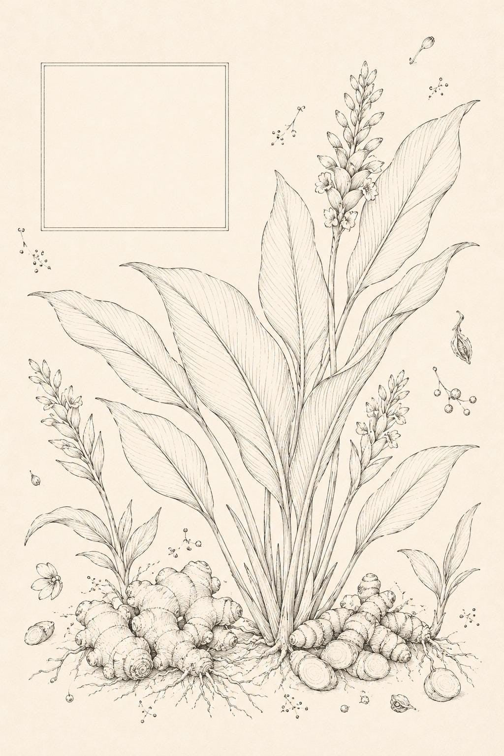 Ginger Turmeric Root Garden transfer linework preview for the digital hand embroidery pattern and stitch guide