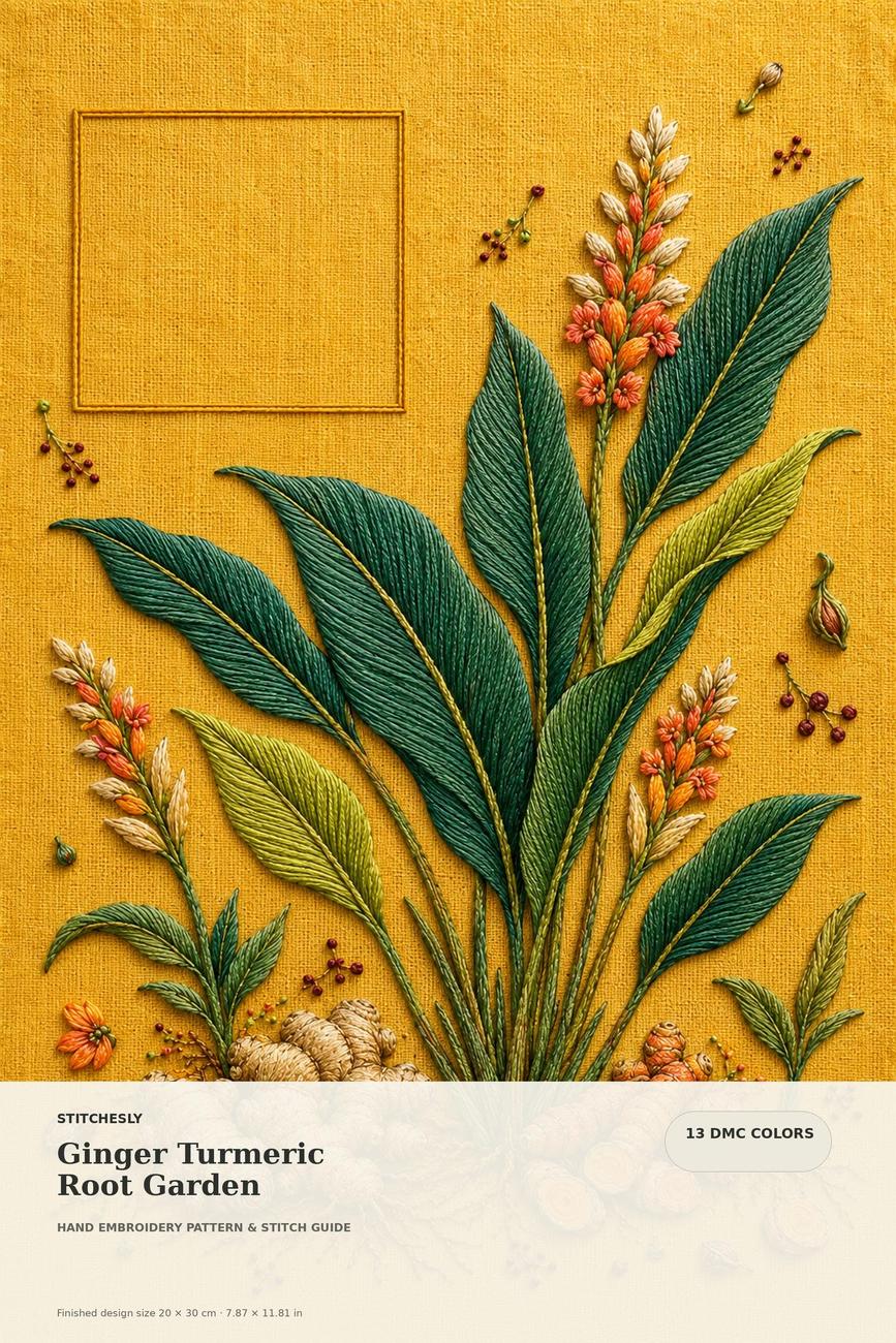 Ginger Turmeric Root Garden embroidered project idea for the digital hand embroidery pattern and stitch guide