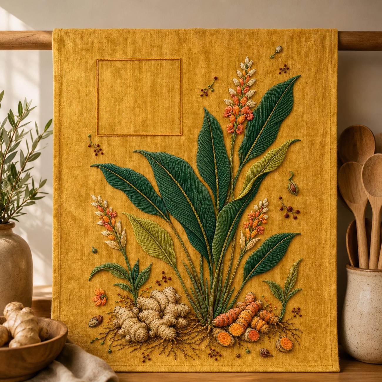 Ginger Turmeric Root Garden stitch detail closeup for the digital hand embroidery pattern and stitch guide