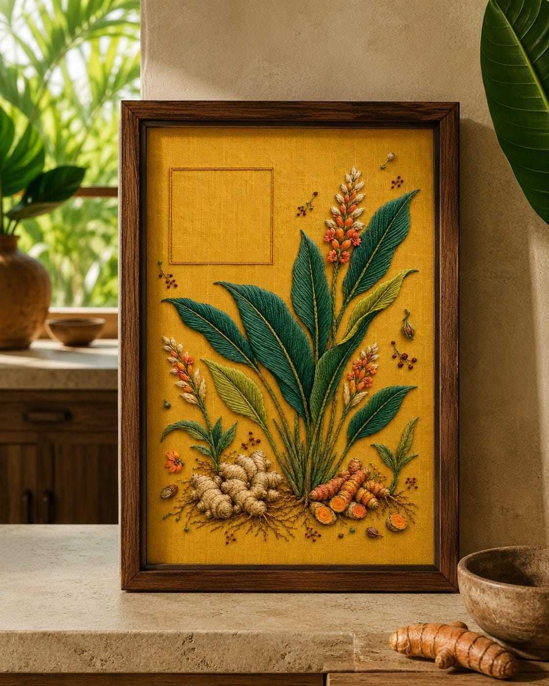 Ginger Turmeric Root Garden finished design flatlay for the digital hand embroidery pattern and stitch guide