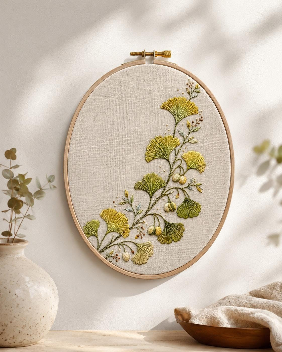 Ginkgo and Seed Pod Editorial finished hoop hero for the digital hand embroidery pattern and stitch guide