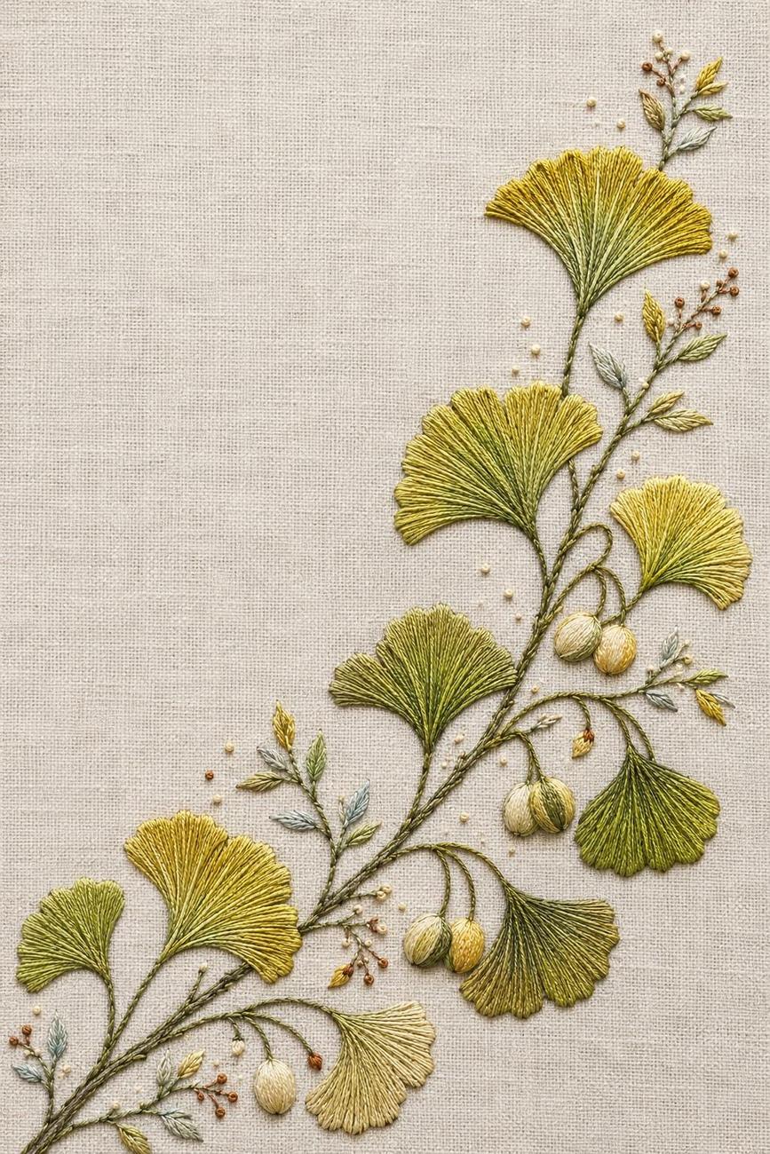 Ginkgo and Seed Pod Editorial finished embroidery reference for the digital hand embroidery pattern and stitch guide