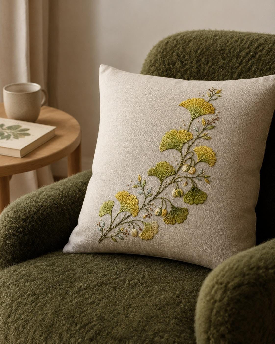 Ginkgo and Seed Pod Editorial embroidered project idea for the digital hand embroidery pattern and stitch guide