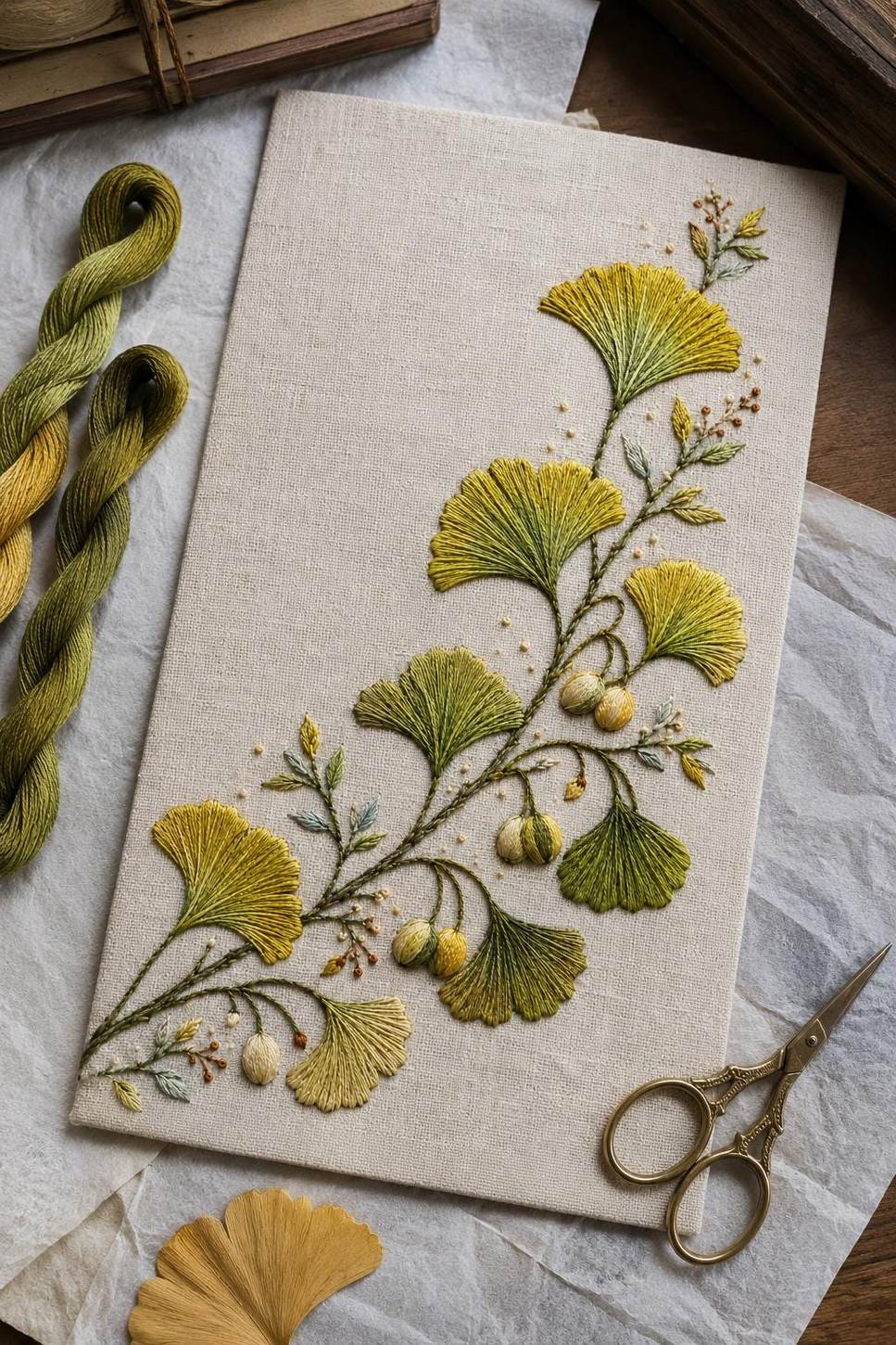 Ginkgo and Seed Pod Editorial stitch detail closeup for the digital hand embroidery pattern and stitch guide