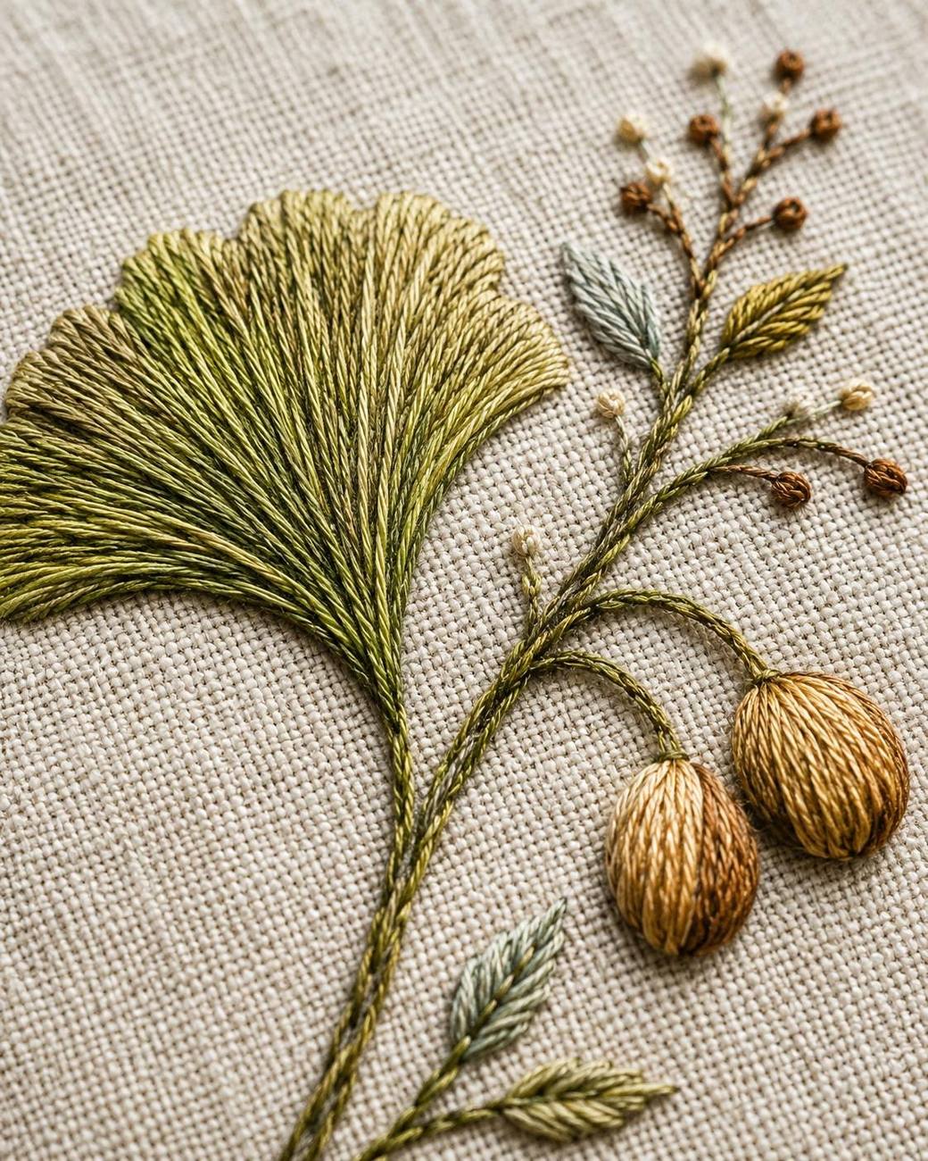 Ginkgo and Seed Pod Editorial dmc colour palette preview for the digital hand embroidery pattern and stitch guide