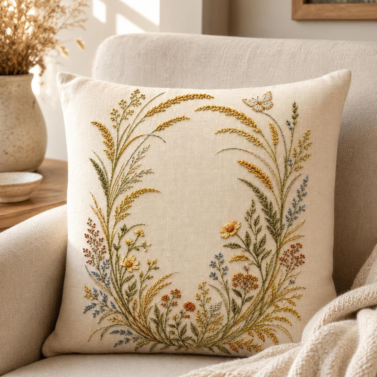 Golden Seedhead and Butterfly finished hoop hero for the digital hand embroidery pattern and stitch guide
