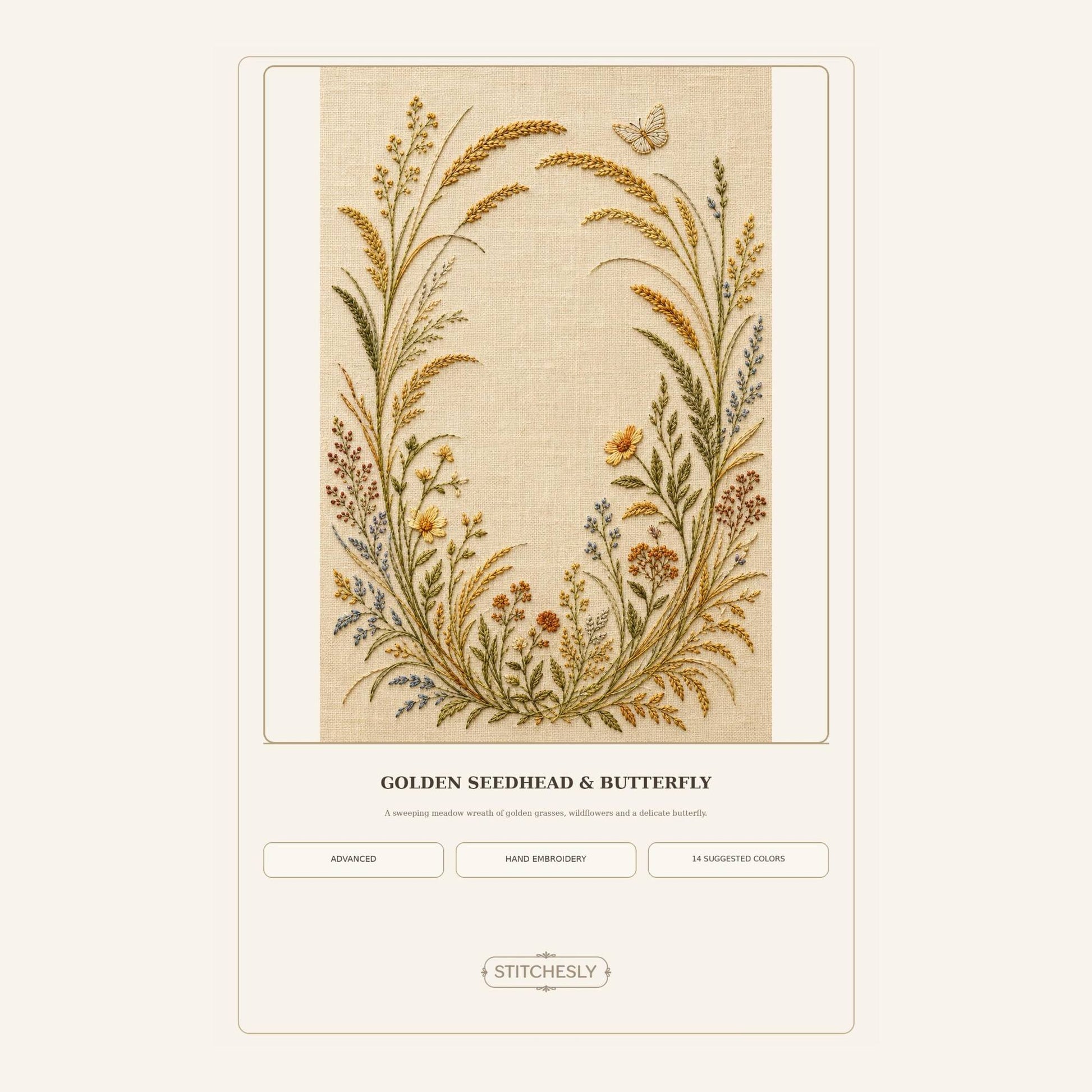 Golden Seedhead and Butterfly pattern edition overview for the digital hand embroidery pattern and stitch guide