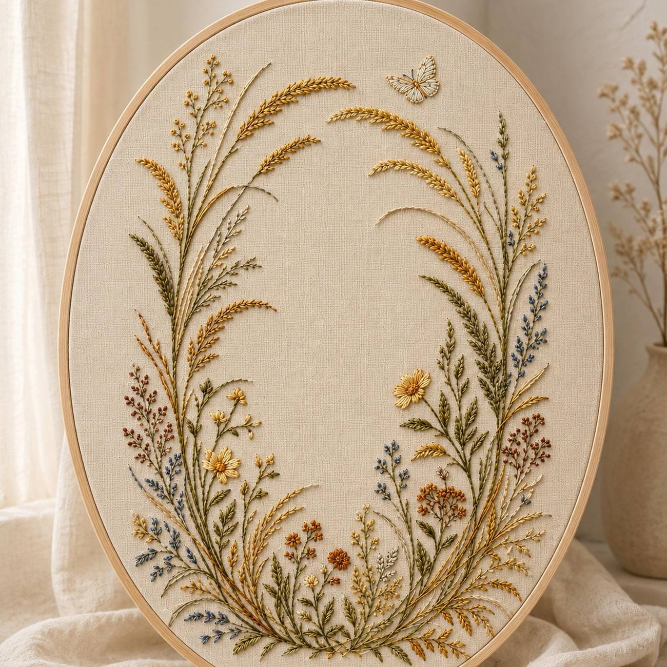Golden Seedhead and Butterfly embroidered project idea for the digital hand embroidery pattern and stitch guide