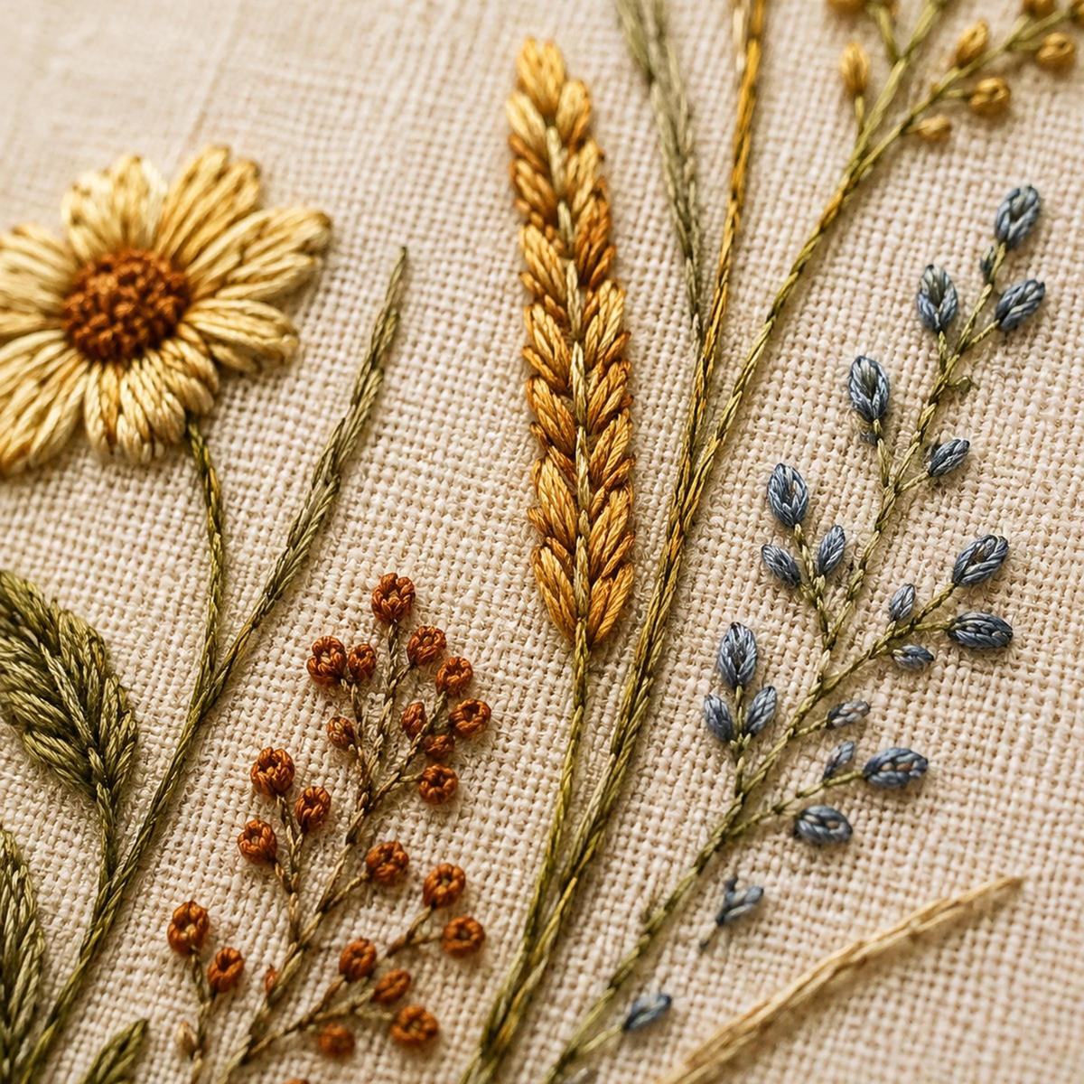 Golden Seedhead and Butterfly stitch detail closeup for the digital hand embroidery pattern and stitch guide