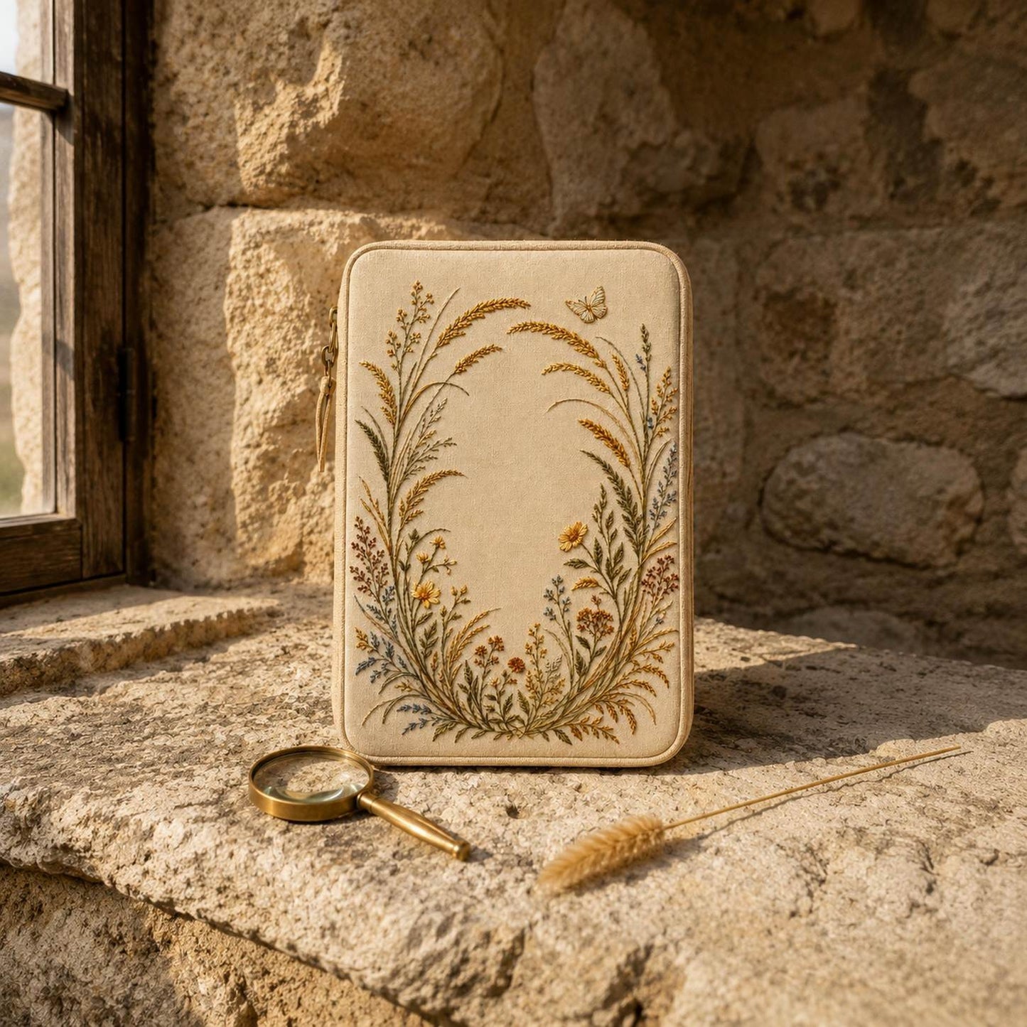 Golden Seedhead and Butterfly framed textile display for the digital hand embroidery pattern and stitch guide
