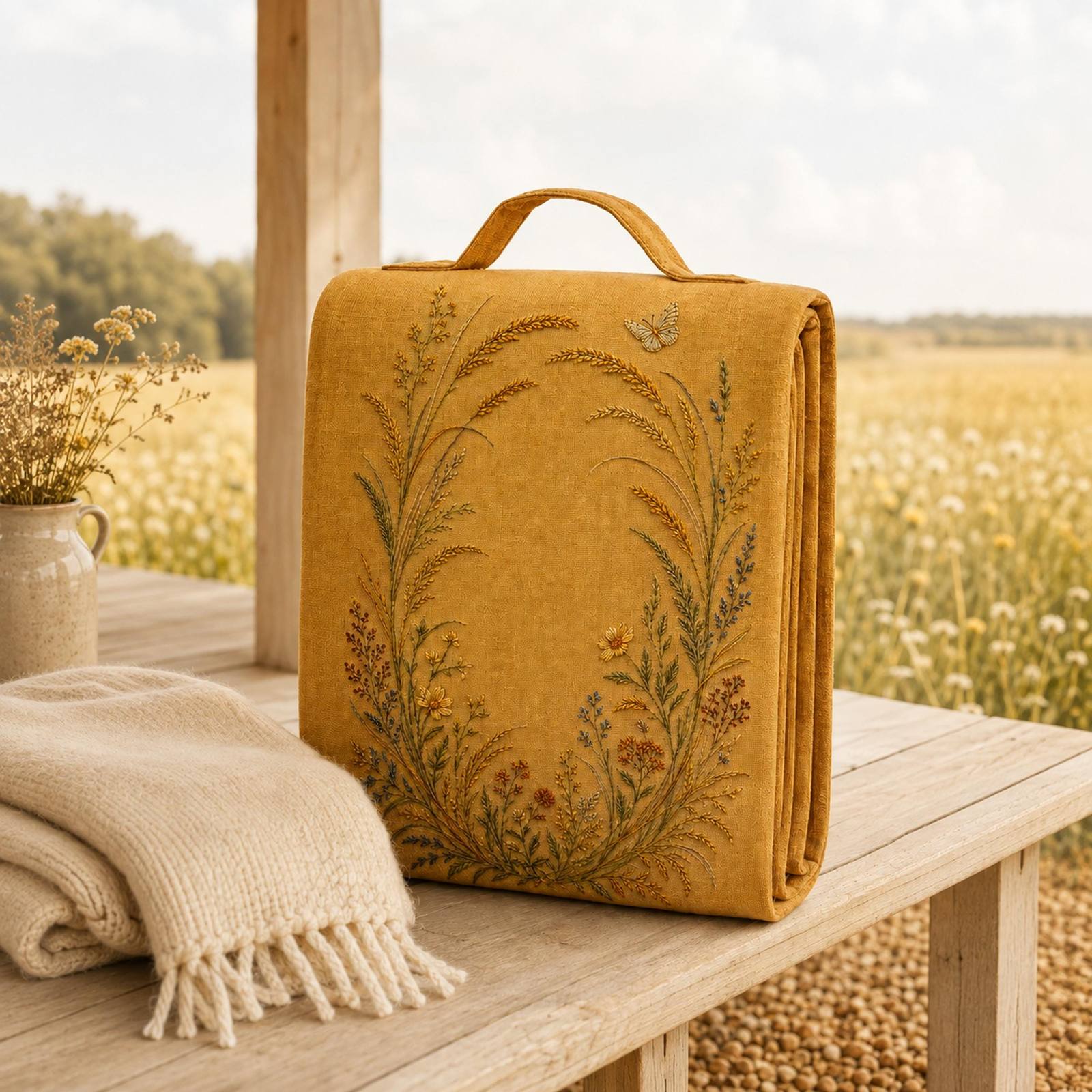 Golden Seedhead and Butterfly embroidery portfolio display for the digital hand embroidery pattern and stitch guide