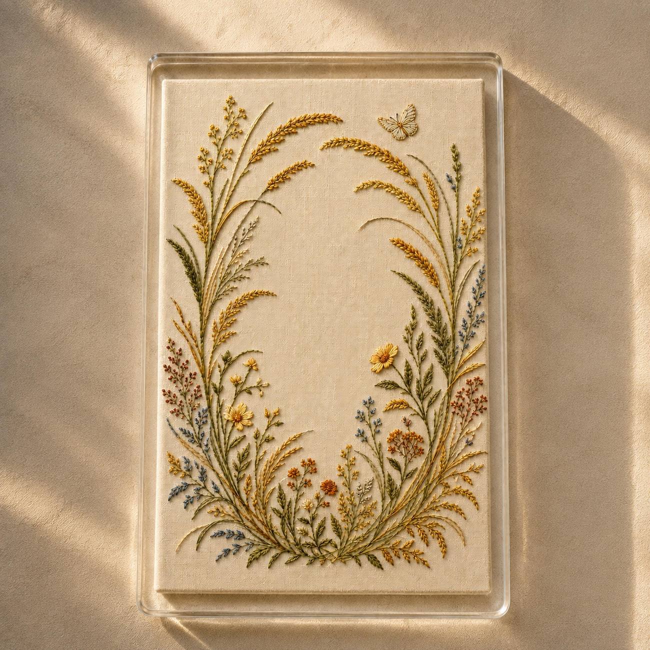 Golden Seedhead and Butterfly finished design flatlay for the digital hand embroidery pattern and stitch guide