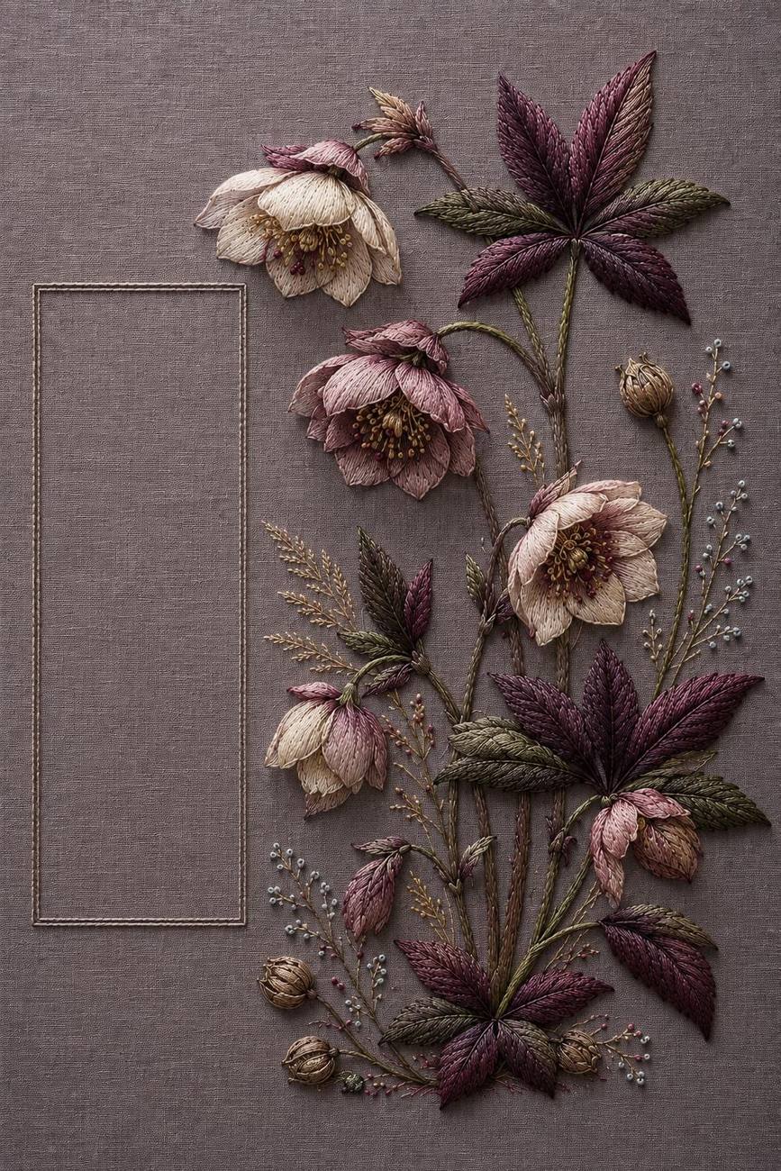 Hellebore Winter Jewel finished embroidery reference for the digital hand embroidery pattern and stitch guide