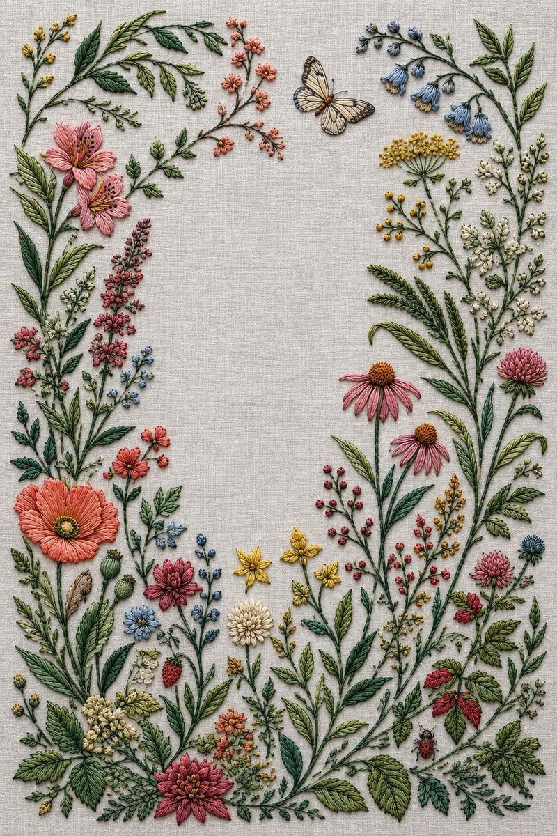 Hero Botanical Garden Cover finished embroidery reference for the digital hand embroidery pattern and stitch guide