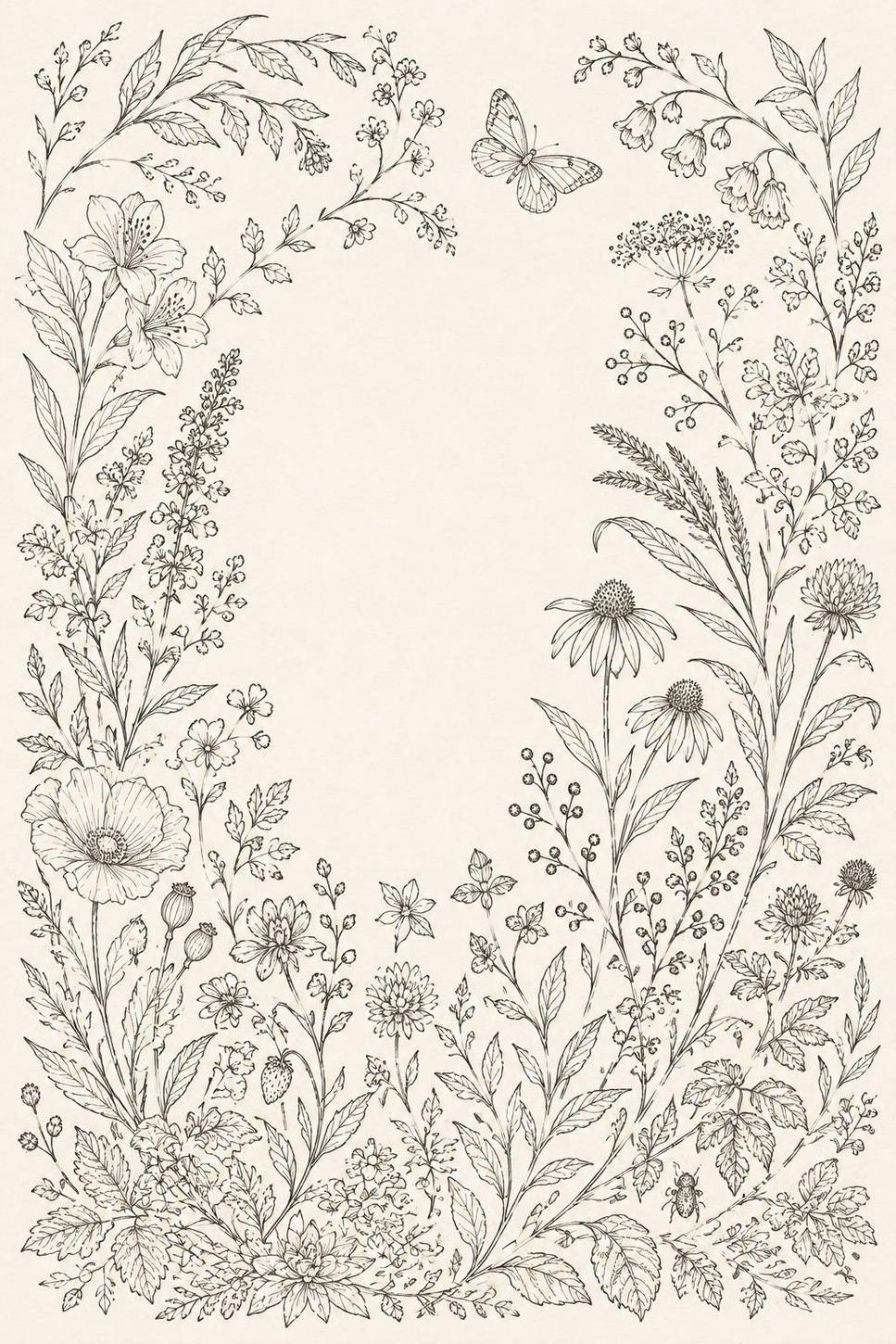 Hero Botanical Garden Cover transfer linework preview for the digital hand embroidery pattern and stitch guide
