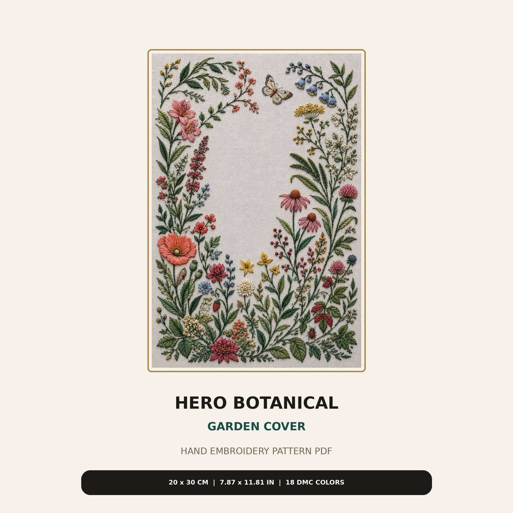 Hero Botanical Garden Cover pattern edition overview for the digital hand embroidery pattern and stitch guide