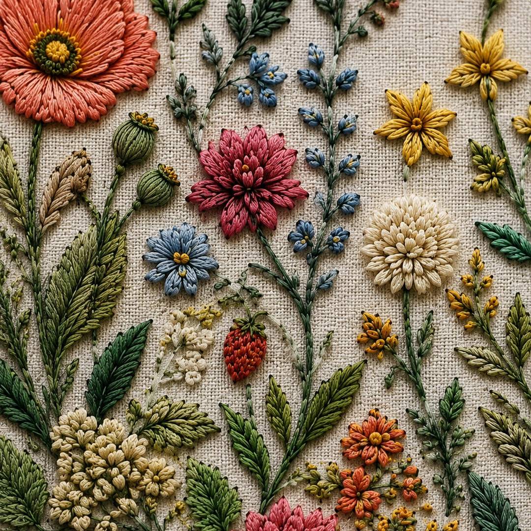 Hero Botanical Garden Cover stitch detail closeup for the digital hand embroidery pattern and stitch guide