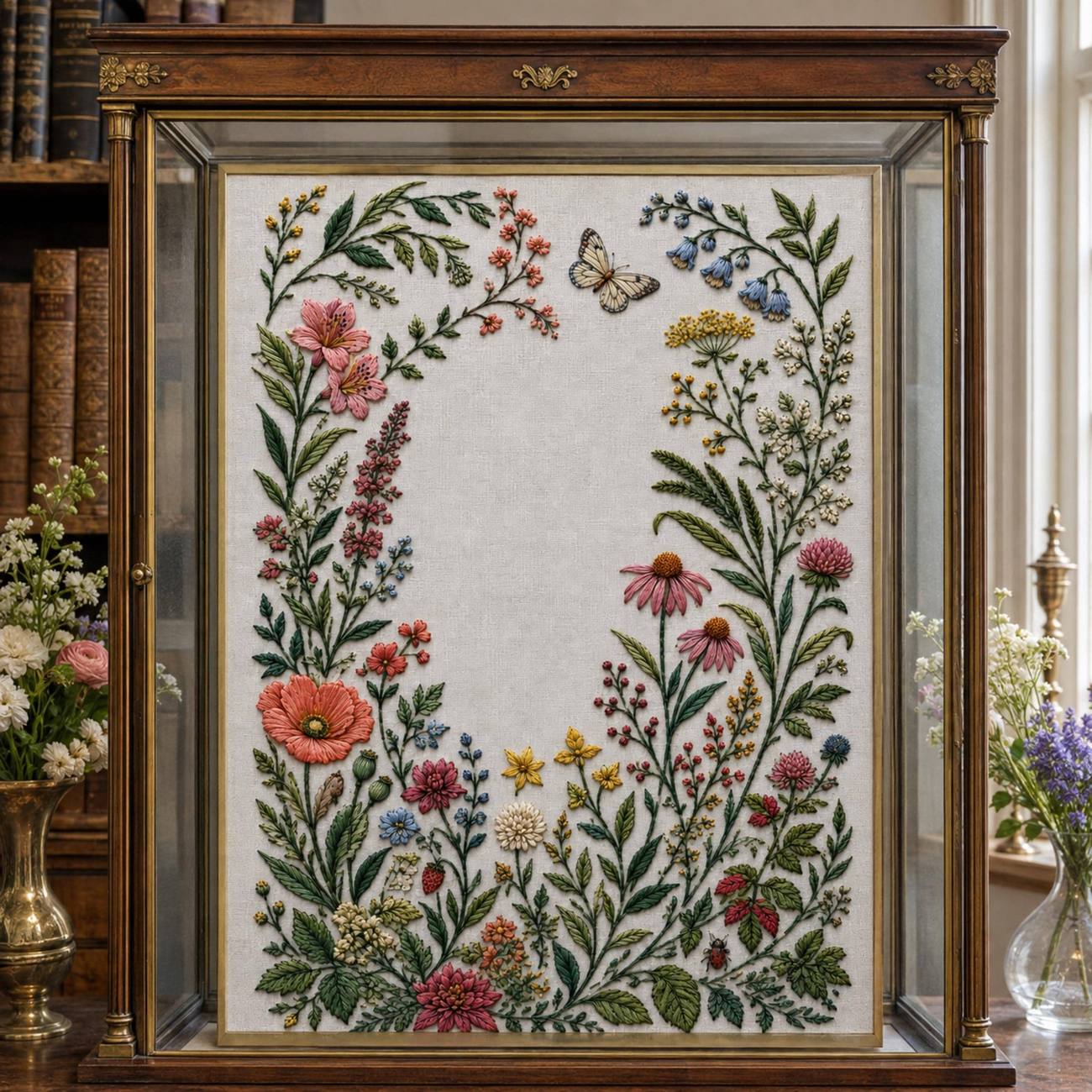 Hero Botanical Garden Cover framed textile display for the digital hand embroidery pattern and stitch guide