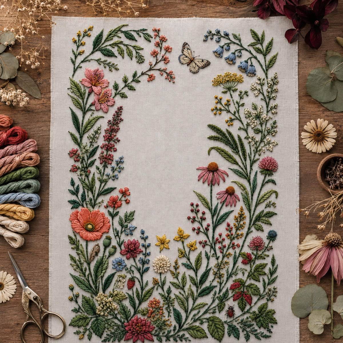 Hero Botanical Garden Cover finished design flatlay for the digital hand embroidery pattern and stitch guide