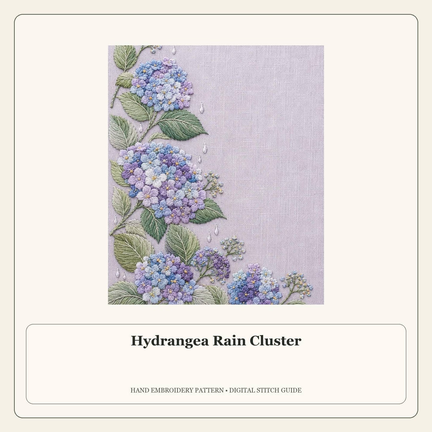Hydrangea Rain Cluster stitch guide cover for the digital hand embroidery pattern and stitch guide
