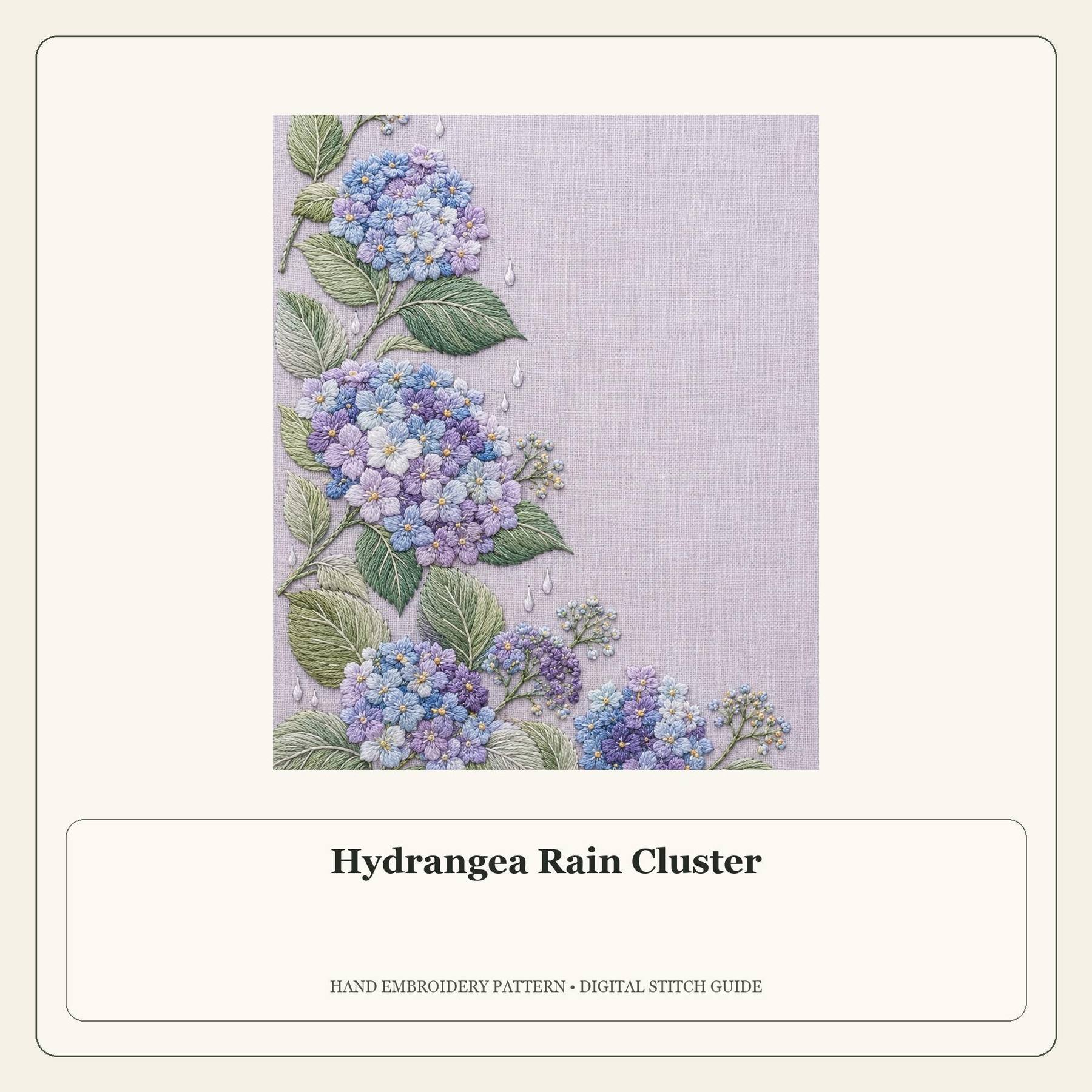 Hydrangea Rain Cluster stitch guide cover for the digital hand embroidery pattern and stitch guide