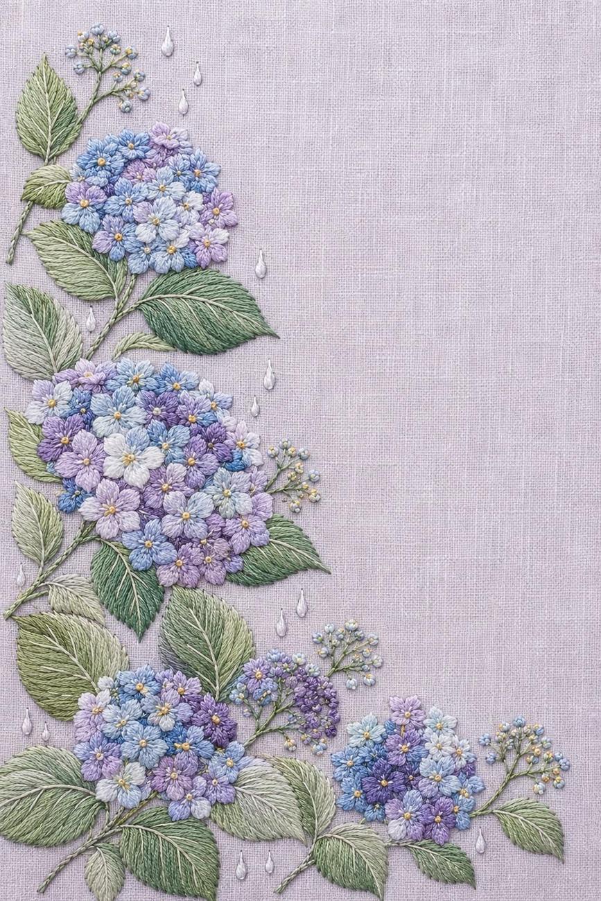 Hydrangea Rain Cluster transfer linework preview for the digital hand embroidery pattern and stitch guide