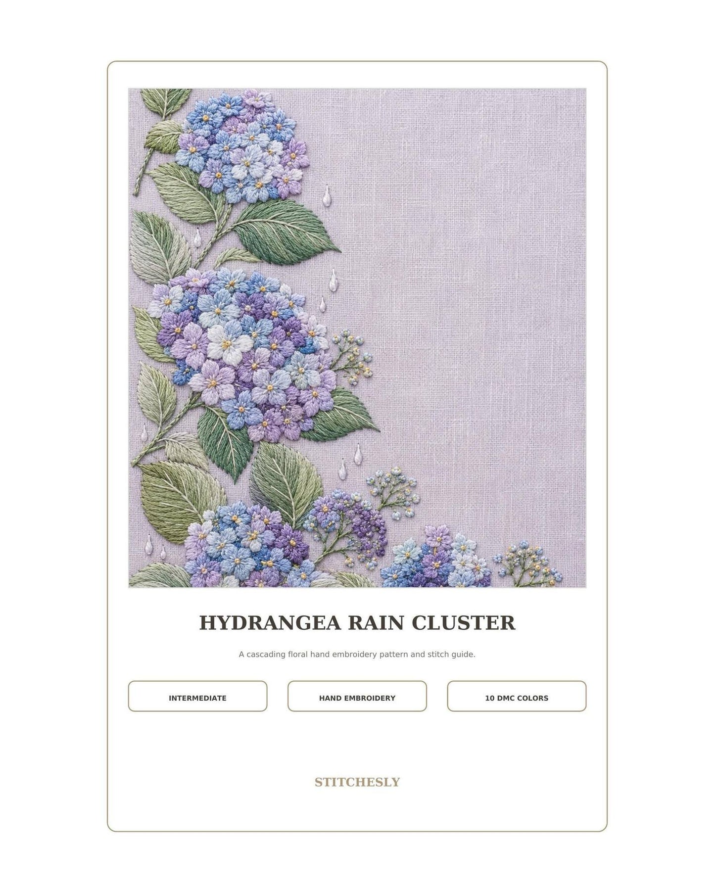 Hydrangea Rain Cluster pattern edition overview for the digital hand embroidery pattern and stitch guide