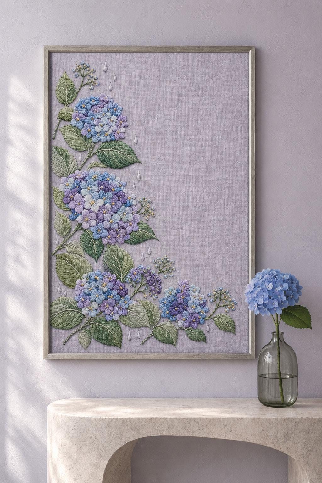 Hydrangea Rain Cluster embroidery portfolio display for the digital hand embroidery pattern and stitch guide