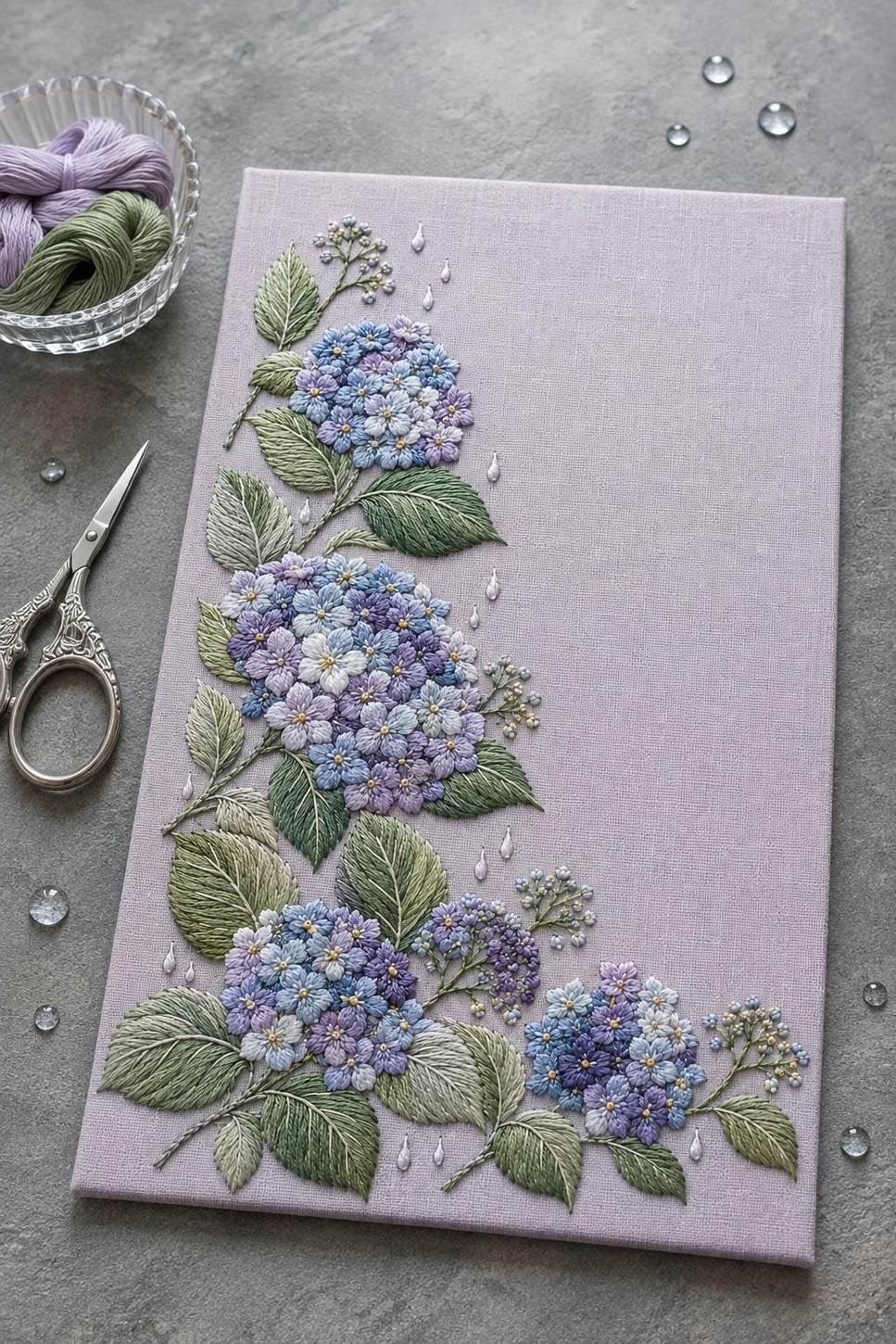 Hydrangea Rain Cluster finished design flatlay for the digital hand embroidery pattern and stitch guide