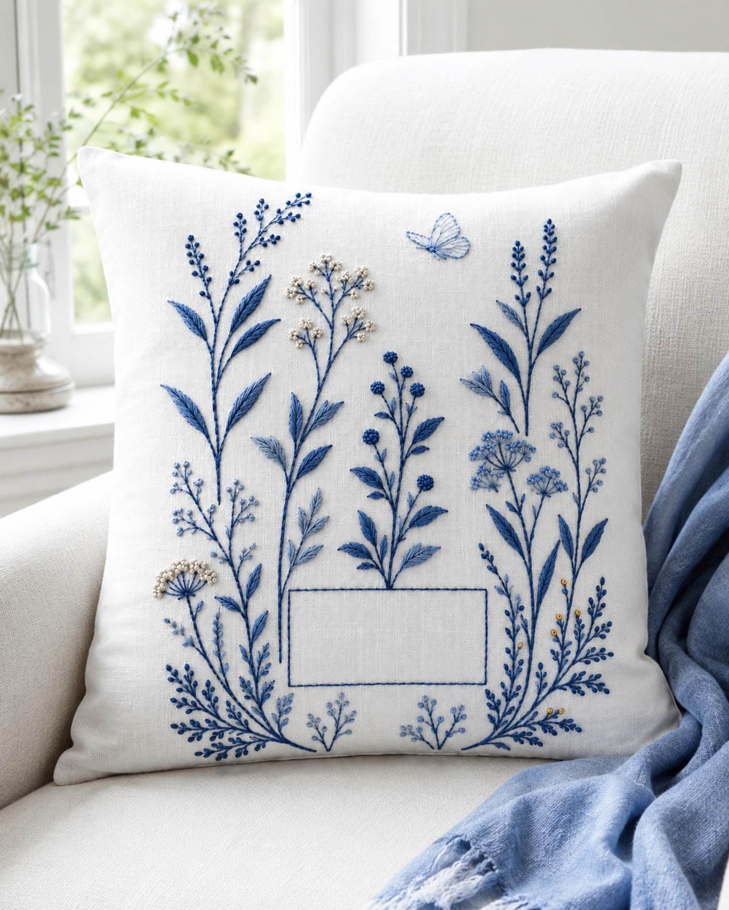 Indigo White Botanical Study finished hoop hero for the digital hand embroidery pattern and stitch guide