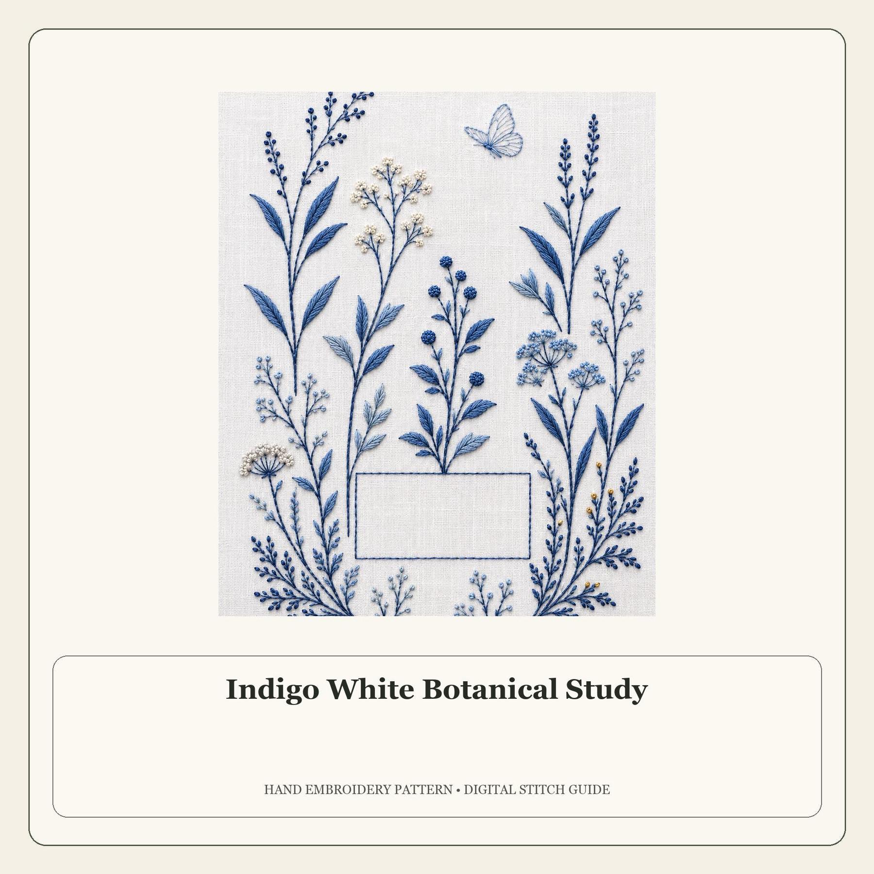 Indigo White Botanical Study stitch guide cover for the digital hand embroidery pattern and stitch guide