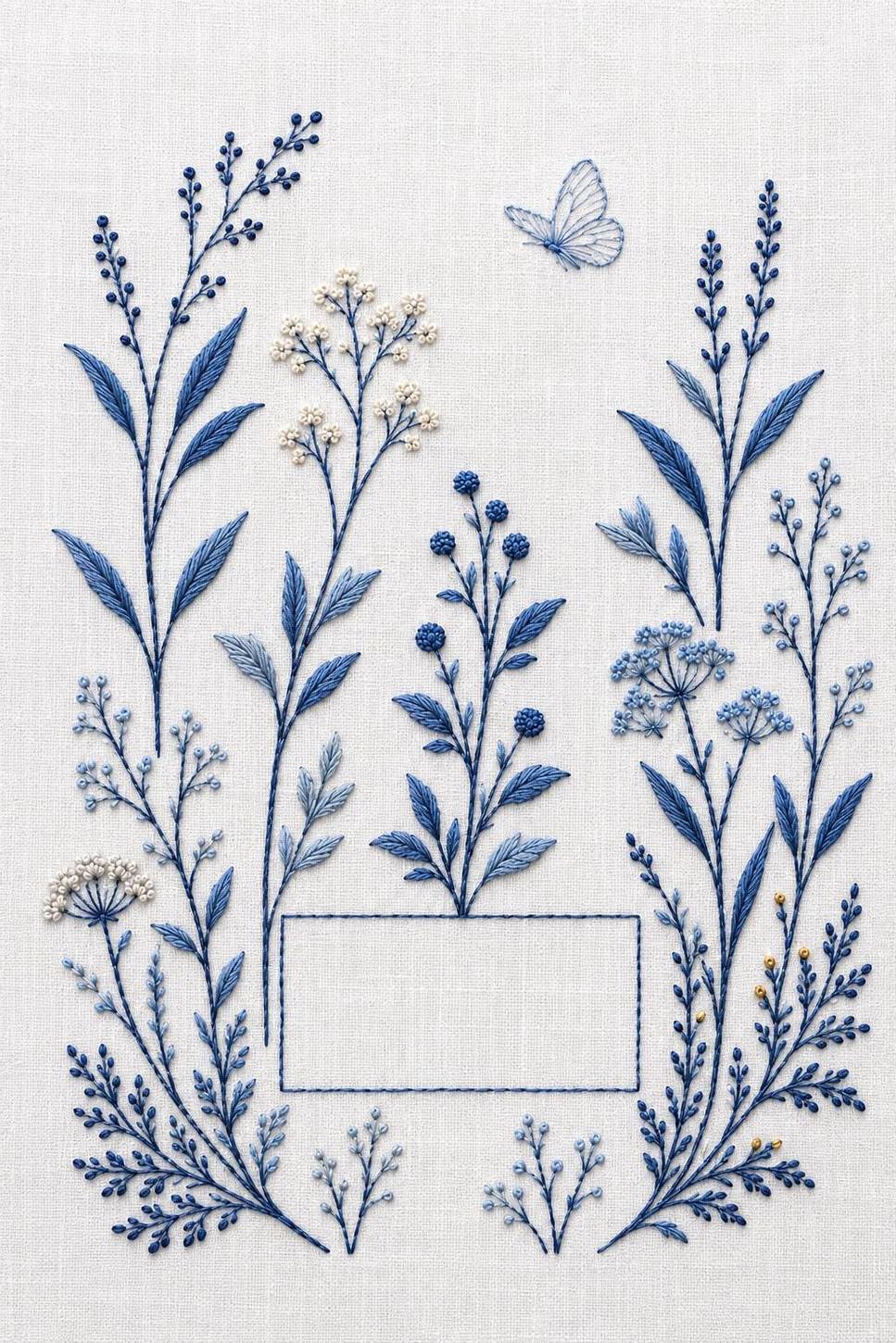 Indigo White Botanical Study finished embroidery reference for the digital hand embroidery pattern and stitch guide