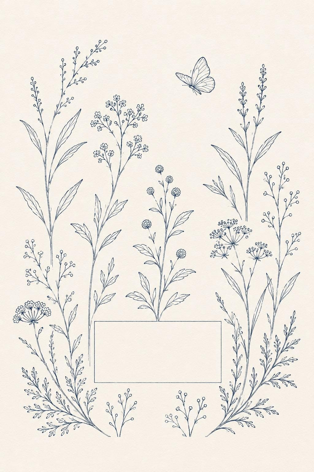 Indigo White Botanical Study transfer linework preview for the digital hand embroidery pattern and stitch guide
