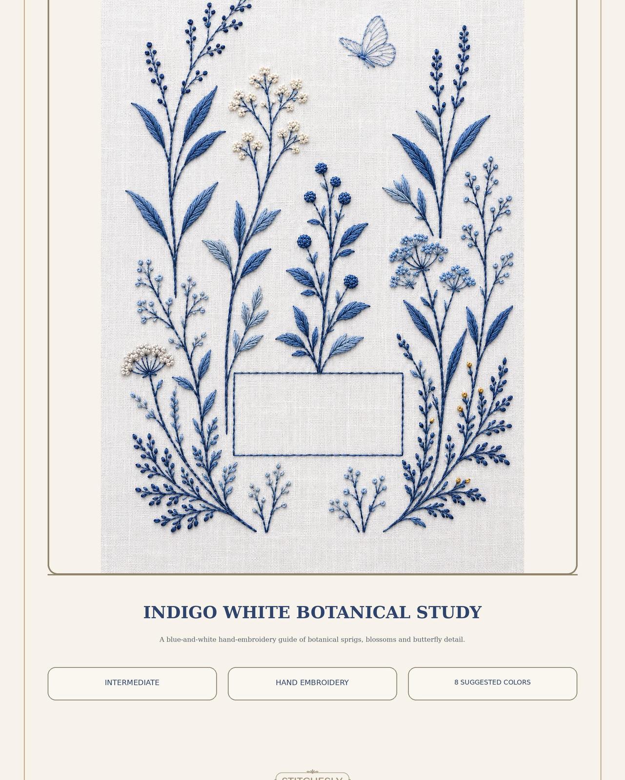 Indigo White Botanical Study pattern edition overview for the digital hand embroidery pattern and stitch guide