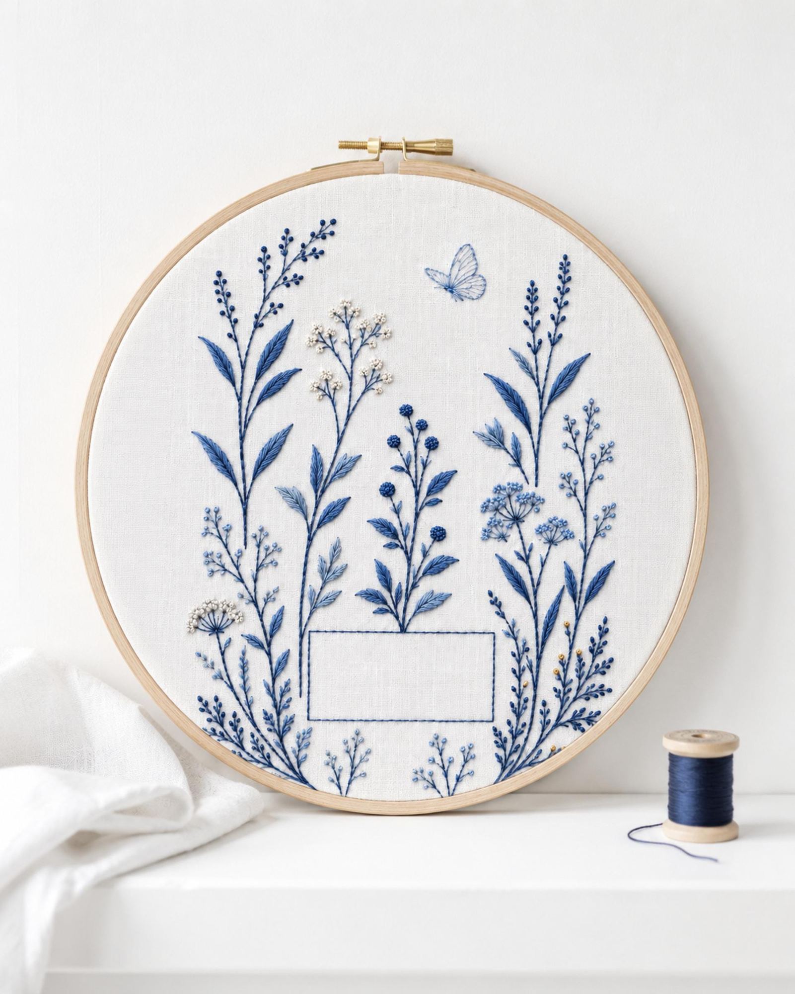 Indigo White Botanical Study embroidered project idea for the digital hand embroidery pattern and stitch guide