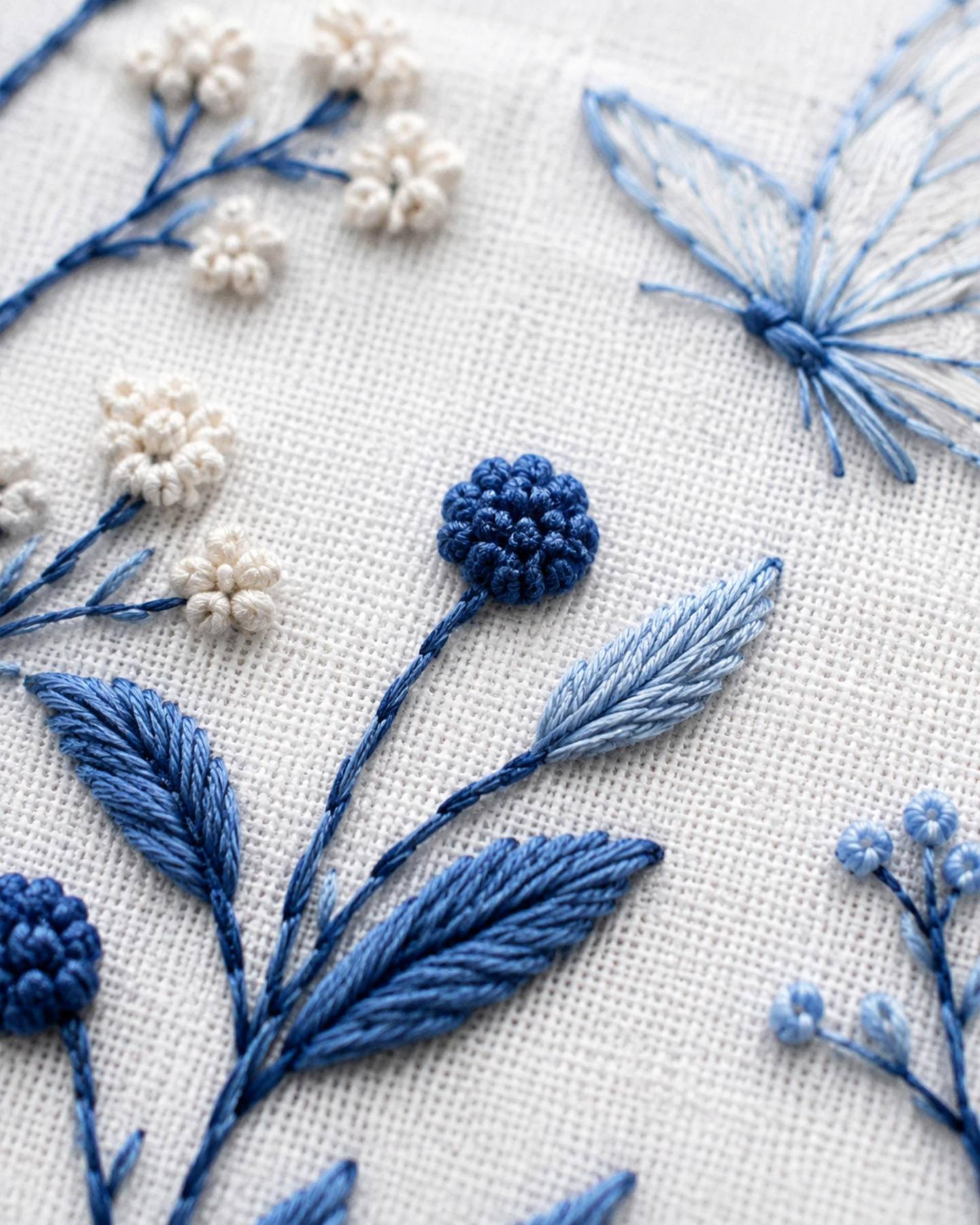 Indigo White Botanical Study stitch detail closeup for the digital hand embroidery pattern and stitch guide