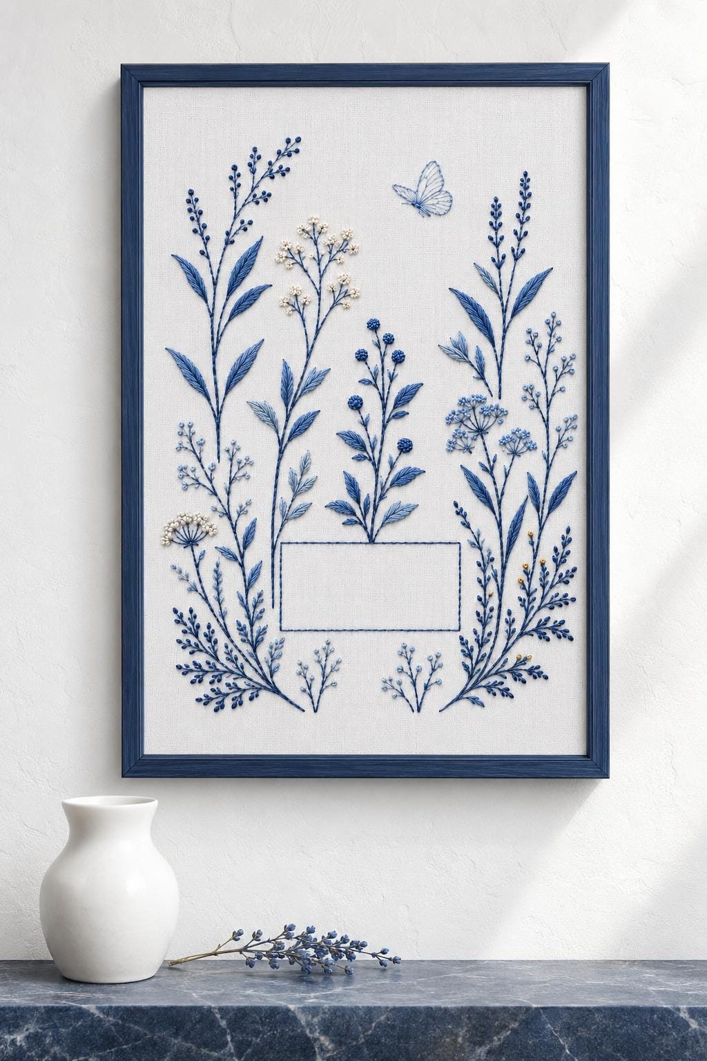 Indigo White Botanical Study framed textile display for the digital hand embroidery pattern and stitch guide