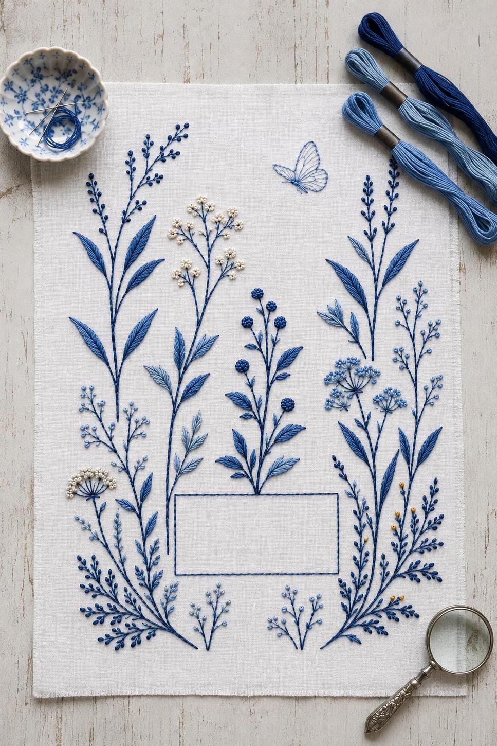Indigo White Botanical Study finished design flatlay for the digital hand embroidery pattern and stitch guide