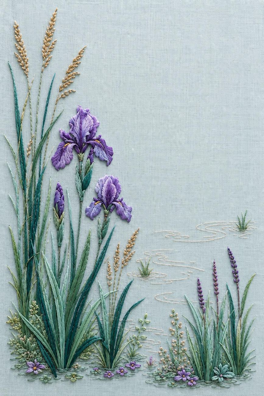 Iris Reed Lagoon finished embroidery reference for the digital hand embroidery pattern and stitch guide