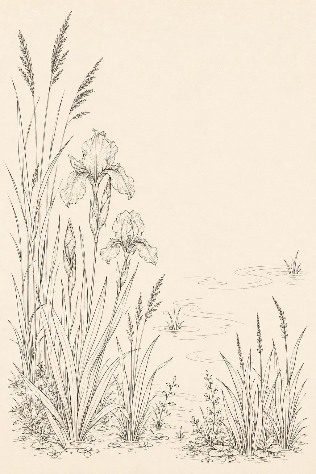 Iris Reed Lagoon transfer linework preview for the digital hand embroidery pattern and stitch guide