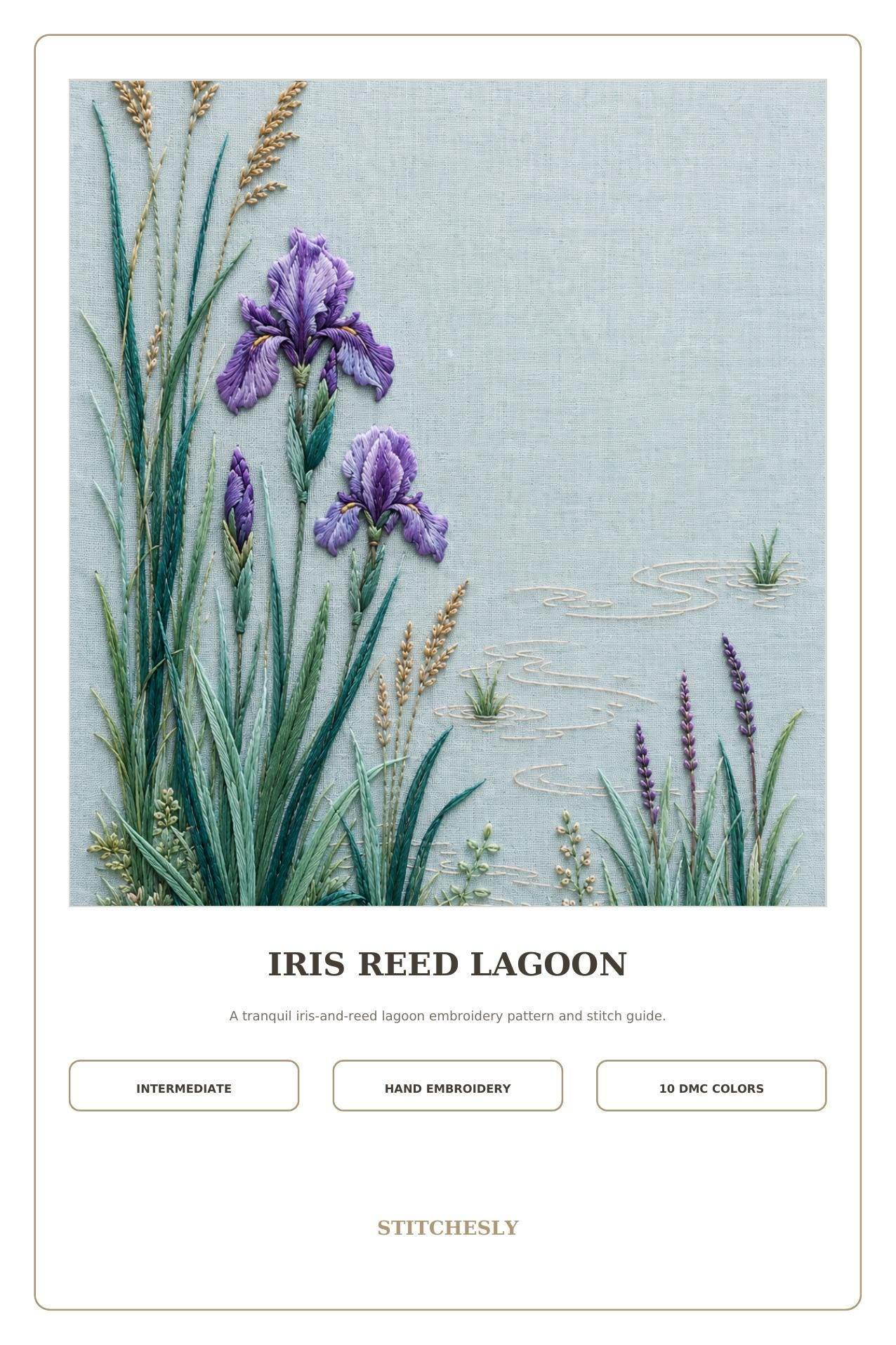 Iris Reed Lagoon pattern edition overview for the digital hand embroidery pattern and stitch guide