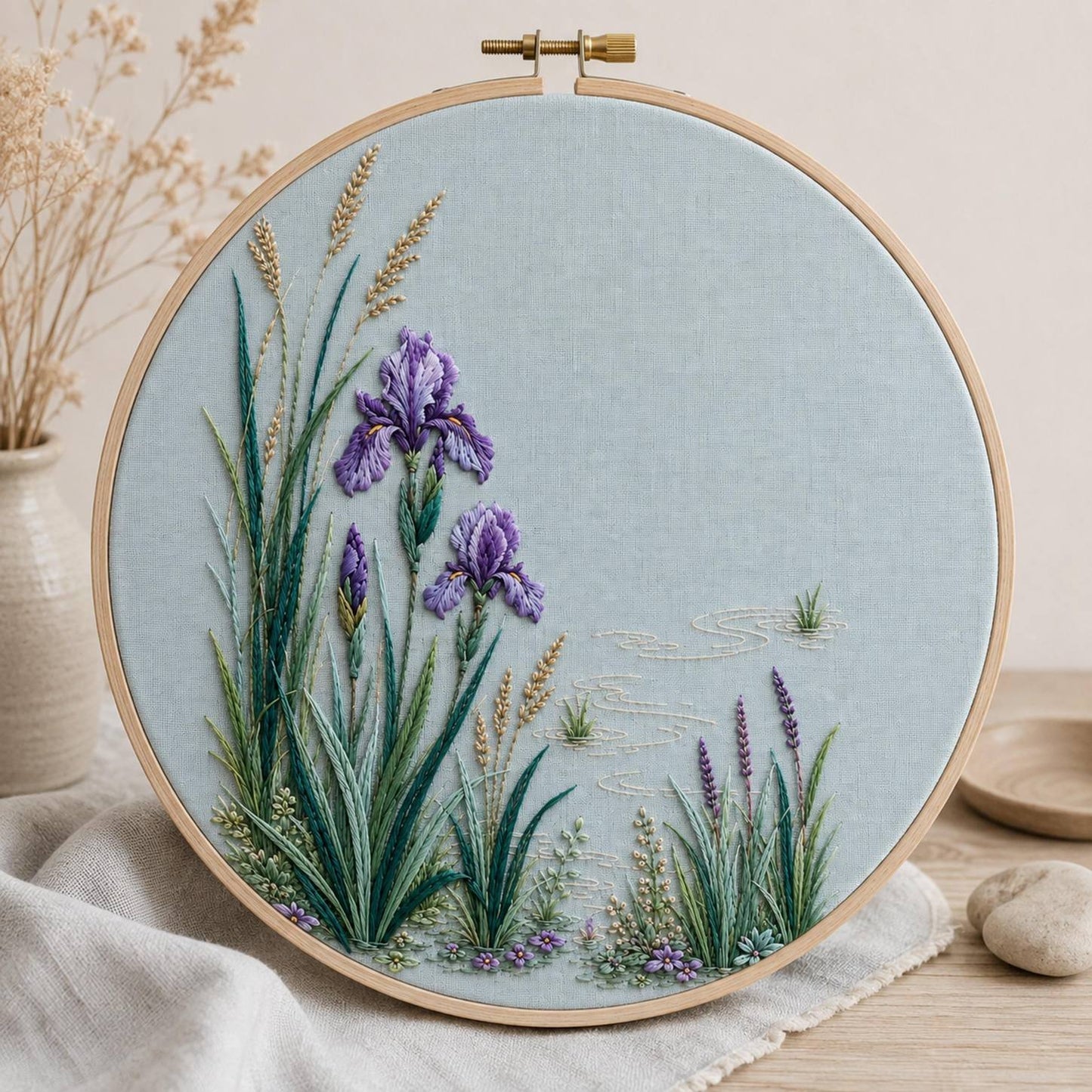 Iris Reed Lagoon embroidered project idea for the digital hand embroidery pattern and stitch guide