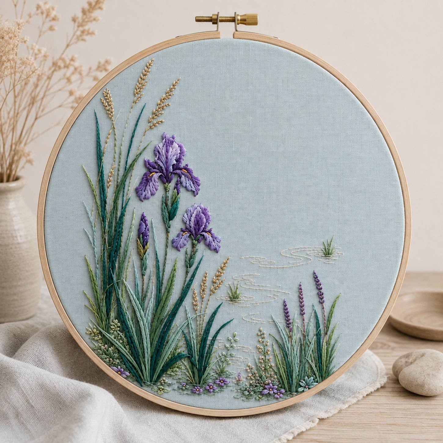 Iris Reed Lagoon embroidered project idea for the digital hand embroidery pattern and stitch guide