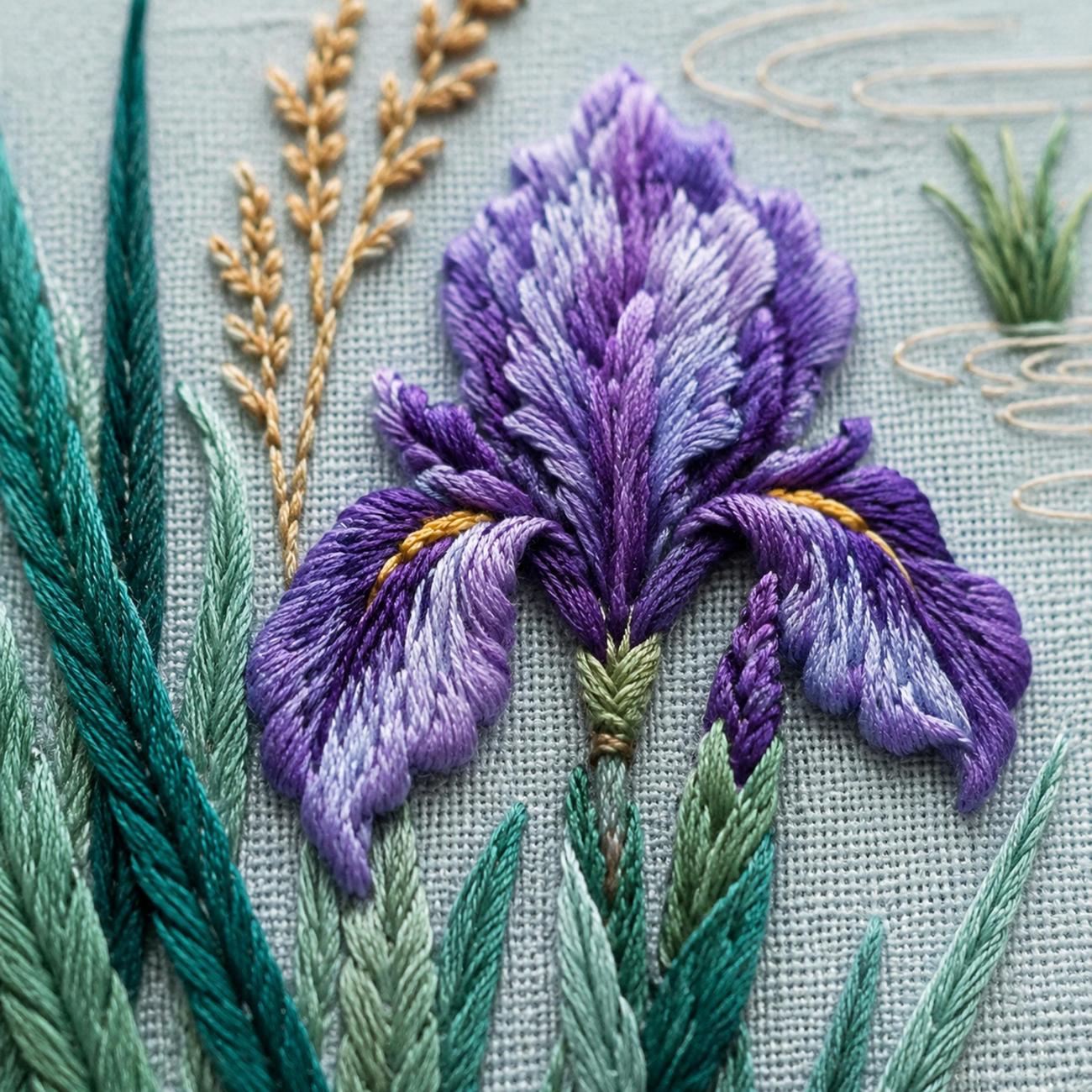 Iris Reed Lagoon stitch detail closeup for the digital hand embroidery pattern and stitch guide