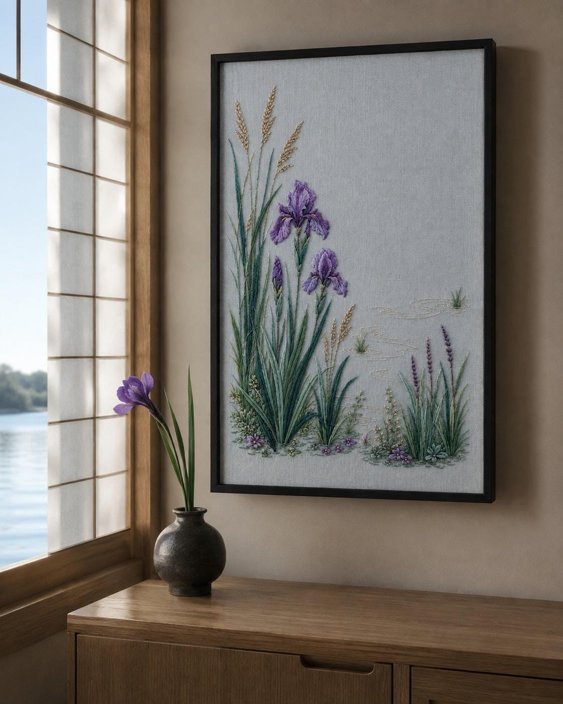 Iris Reed Lagoon framed textile display for the digital hand embroidery pattern and stitch guide