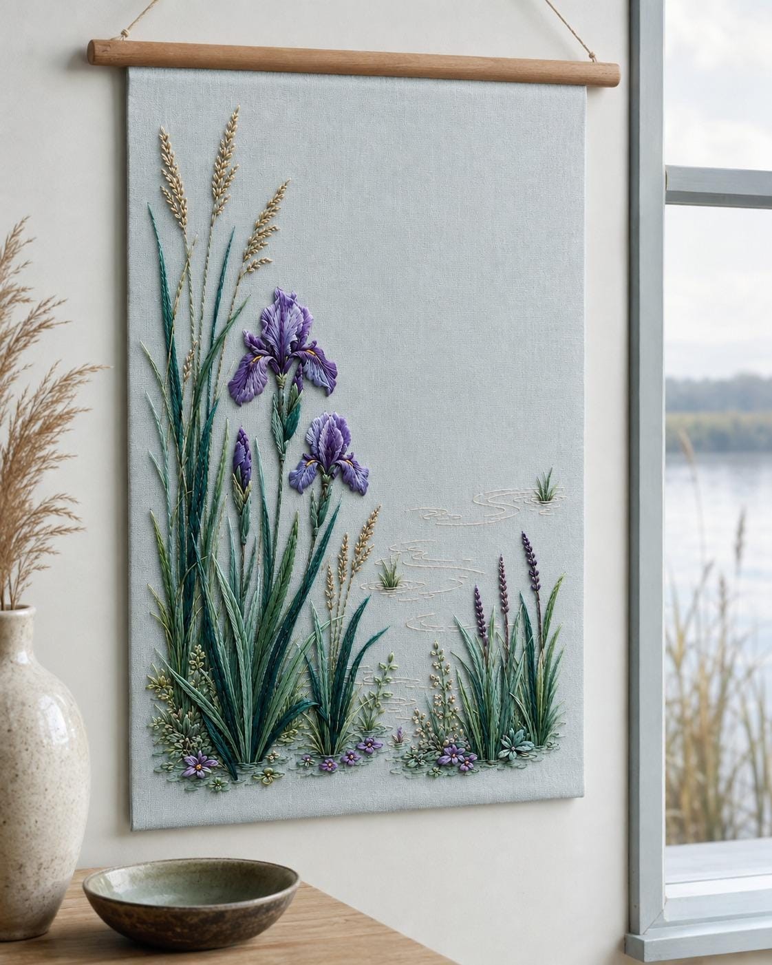 Iris Reed Lagoon embroidery portfolio display for the digital hand embroidery pattern and stitch guide