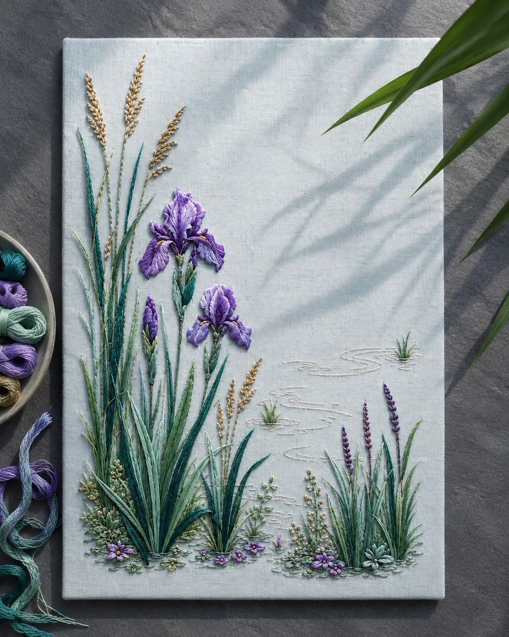 Iris Reed Lagoon finished design flatlay for the digital hand embroidery pattern and stitch guide
