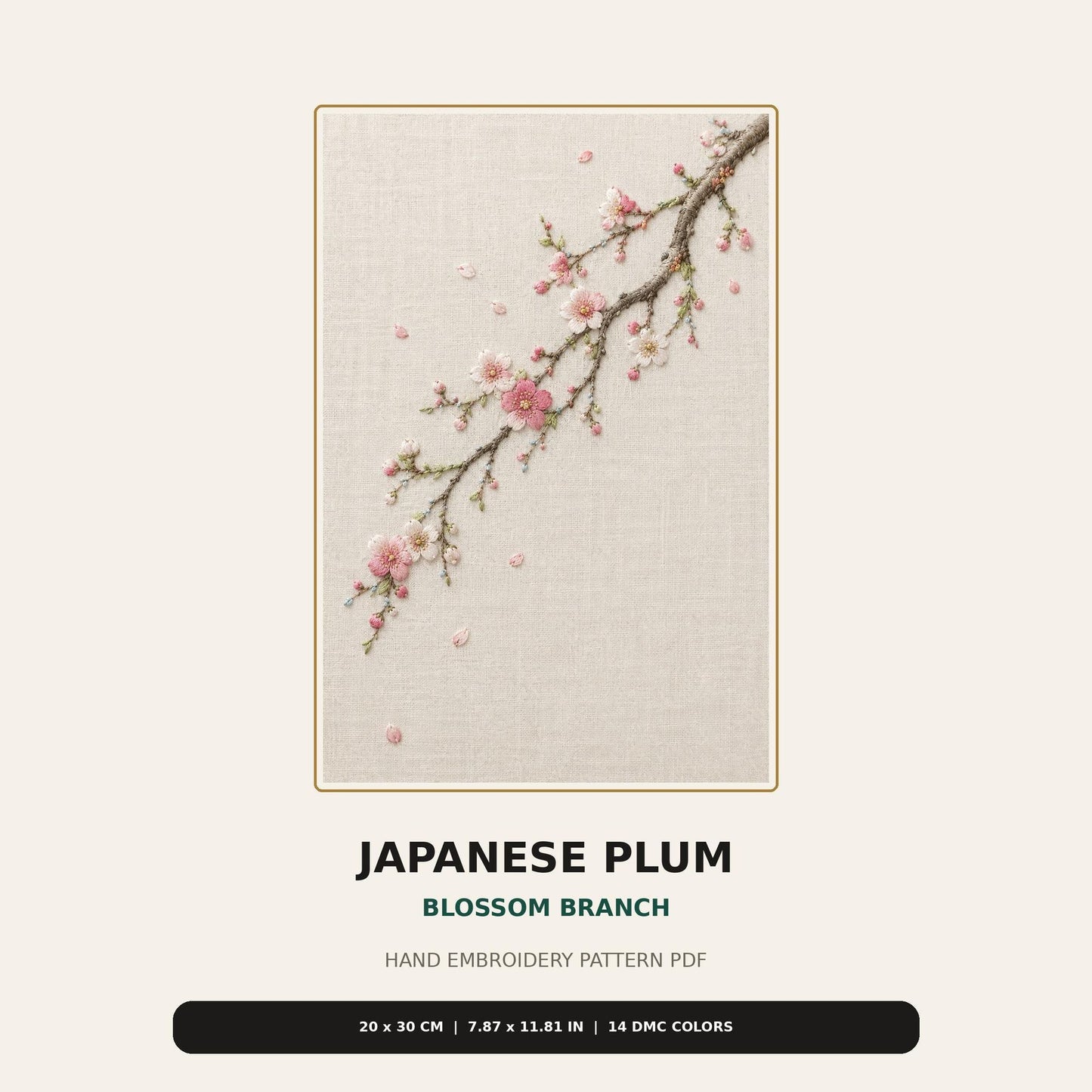 Japanese Plum Blossom Branch pattern edition overview for the digital hand embroidery pattern and stitch guide